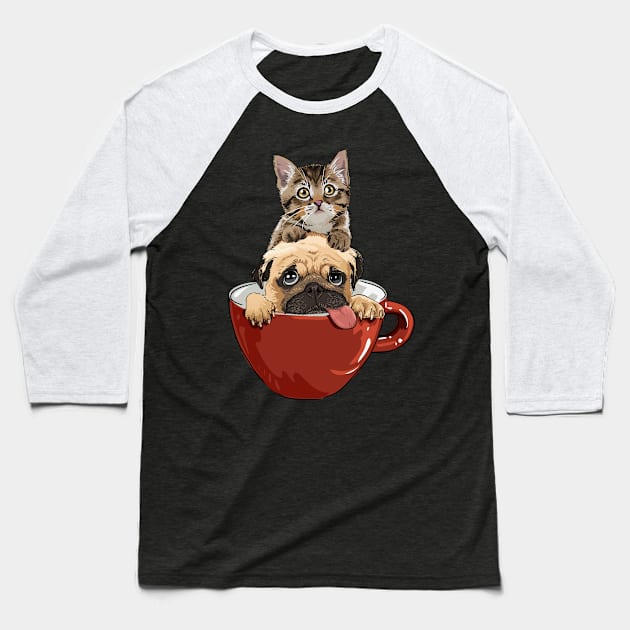 Cute Cat and Pug in a mug | Funny cat and dog gift Baseball T-Shirt by MerchMadness